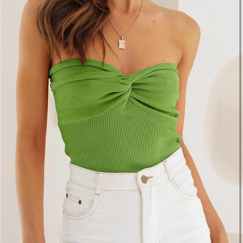 Strapless Twist Front Ribbed tube Top - Green - Picture 2 of 3